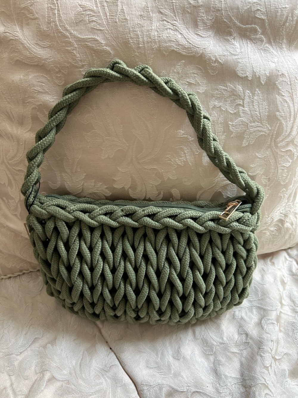 NWT. Handwoven Knit Shoulder Bag in Sage Green